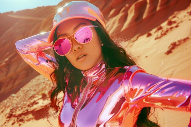 Foto schönes mädchen in pinkfarbenem pullover und sonnenbrille in einer wüste auf dem mars