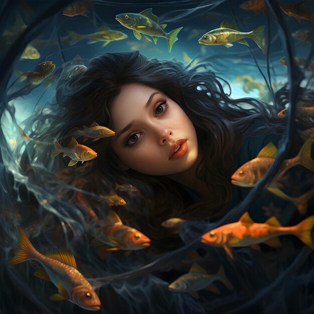 Schönes Mädchen Kopf unter dem Wasser mit Fischen zwischen Fantasie und Realität Day Dreaming
