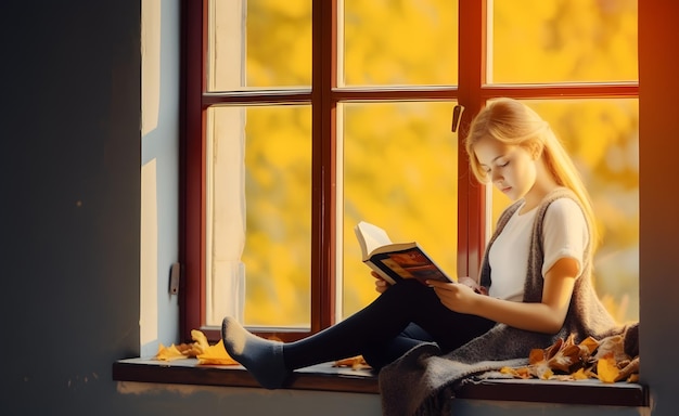 Schönes Mädchen liest ein Buch neben dem Fenster im Herbst