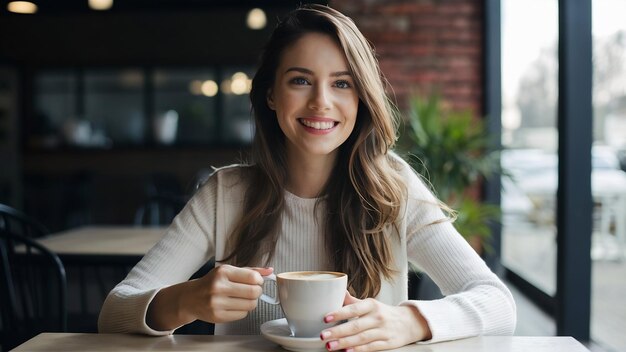 Schönes Mädchen macht ein Selbstporträt mit Kaffee-Latte im Café