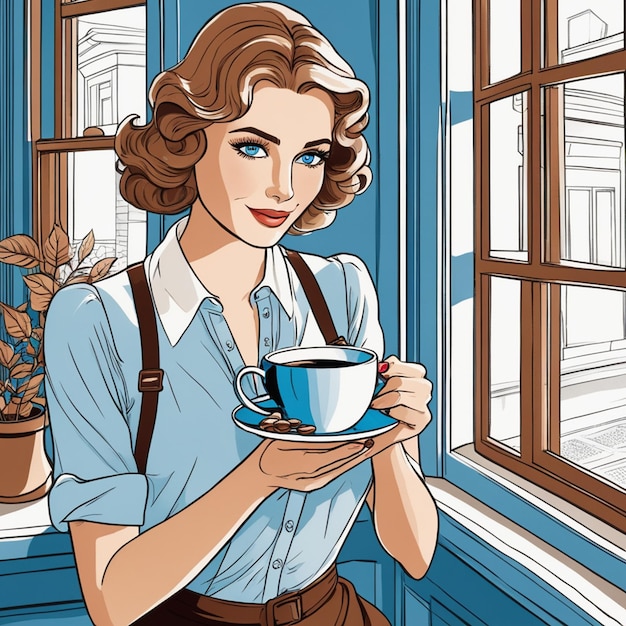 Foto schönes mädchen mit blauen augen, das kaffeetasseillustrationsbild hält