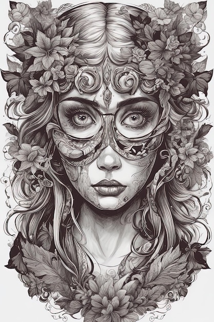schönes Mädchen mit Brille und Maske. Schönes junges Mädchen in einem Blumenkranz, handgezeichnete Illustration