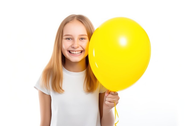 schönes Mädchen mit gelbem Ballon auf einem isolierten weißen Hintergrund