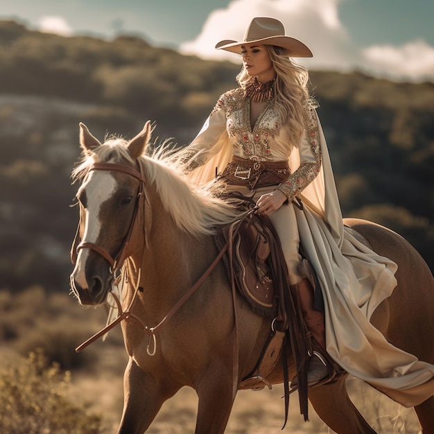 Schönes Mädchen mit langen Haaren, das Kleid trägt, reitet im Wald, Natur-Hintergrund