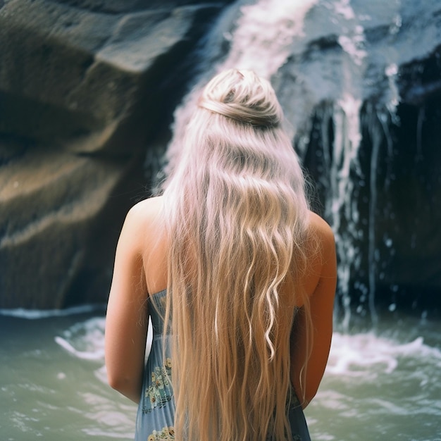 Schönes Mädchen mit langen weißen Locken auf dem Hintergrund eines Wasserfalls