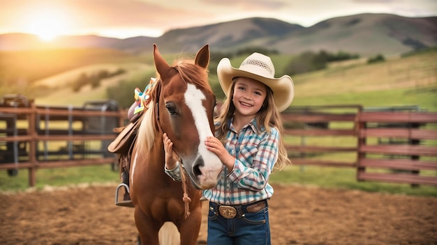Schönes Mädchen mit Pferd auf der Ranch
