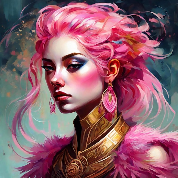 Schönes Mädchen mit rosa Haaren und hellem Make-up. Digitale Malerei