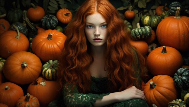 Schönes Mädchen mit roten Haaren und grünen Augen vor dem Hintergrund von Herbstkürbissen Hochwertiges Foto