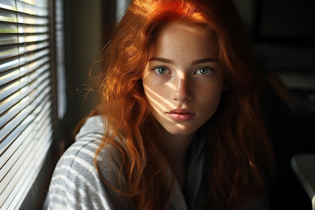 Schönes Mädchen mit roten Haaren und Sommersprossen Porträt zum Fenster