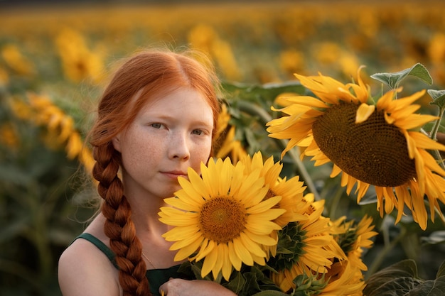 Schönes Mädchen mit roten Haaren und Sommersprossen steht auf einem Feld mit Sonnenblumen