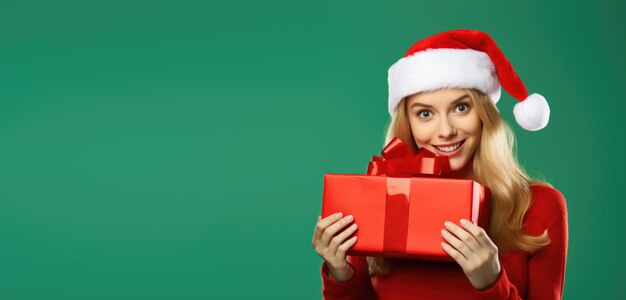 Schönes Mädchen mit Weihnachtsmannshut, das ein Geschenk mit Platz für Ihren Text in hoher Qualität hält