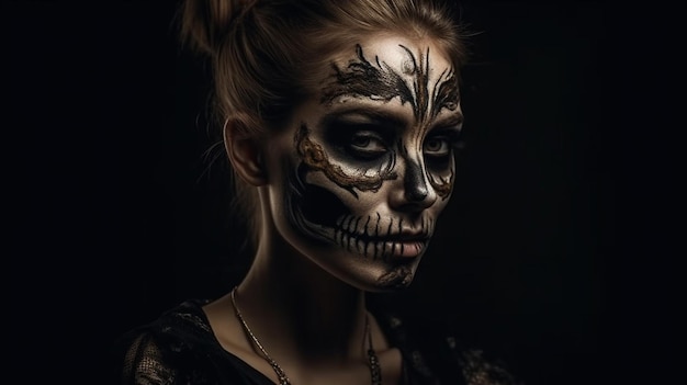 Schönes Mädchen mit Zuckerschädel-Make-up auf schwarzem Hintergrund, Halloweengenerative KI