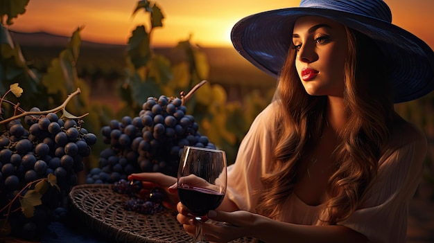 Schönes Mädchen nippt bei Sonnenuntergang in einem Weinberg an Rotwein. Französischer Rotwein