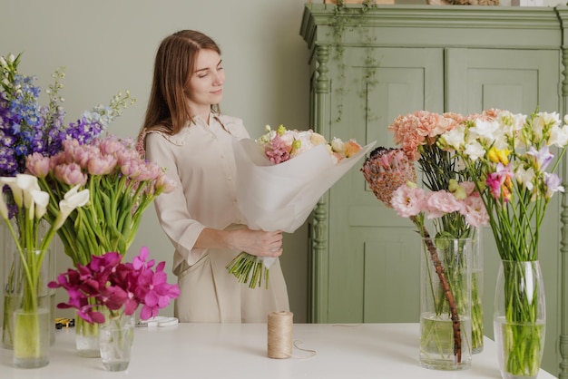 Schönes Mädchen sammelt einen Blumenstrauß in einem Blumenladen