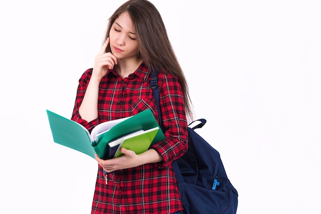 Schönes Mädchen Schulmädchen, Student mit Lehrbüchern und Rucksack