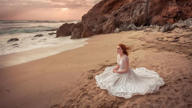 Schönes Mädchen sitzt auf einem wilden Strand mit einer atemberaubenden Aussicht von oben