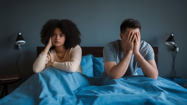 Schönes Mädchen und ein frustrierter Mann sitzen im Bett und schauen sich nicht an