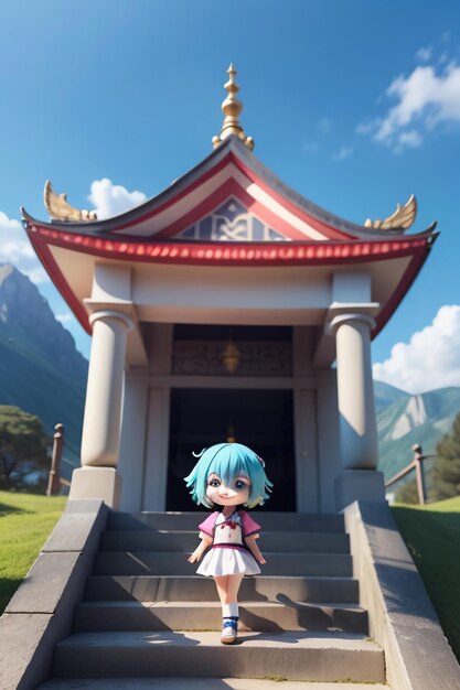 Foto schönes mädchen vor dem tempel mit großen augen, cartoon-anime-stil, tapetenhintergrund