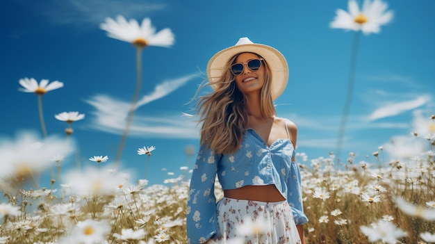 Foto schönes mädchen zwischen gänseblümchen gegen den blauen himmel