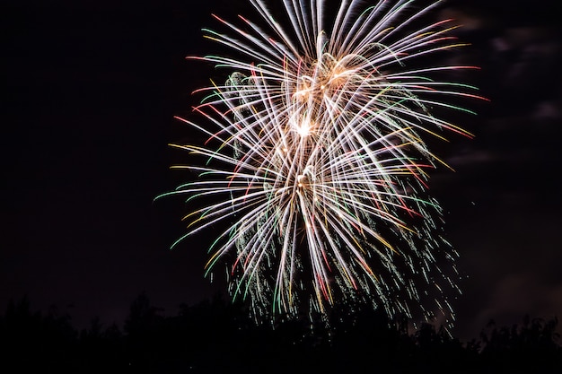 Schönes mehrfarbiges festliches Feuerwerk am Nachthimmel