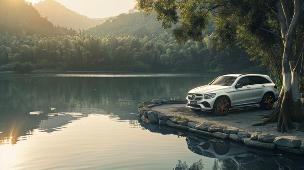 Schönes Mercedes-Benz-SUV mit ruhigem See-Wald als Hintergrund