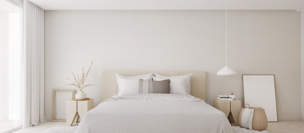Schönes minimalistisches weißes Schlafzimmerinterieur