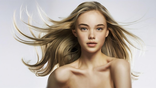 Schönes Modell mit langen glatten, fliegenden blonden Haaren, isoliert auf weißem Studio-Hintergrund