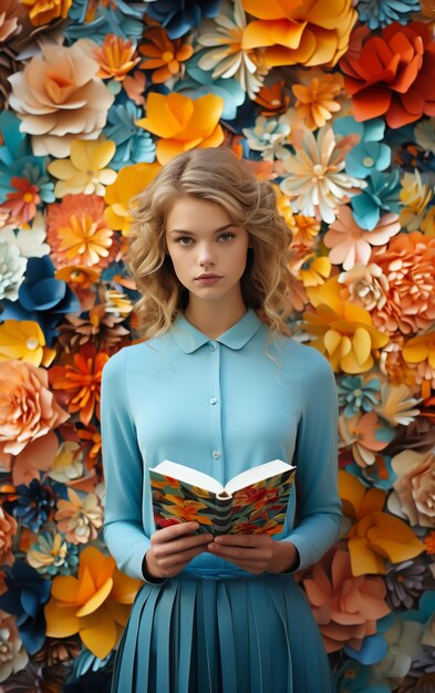 Schönes Modell mit offenem Buch in den Händen, fantasievoller floraler Hintergrund an der Wand