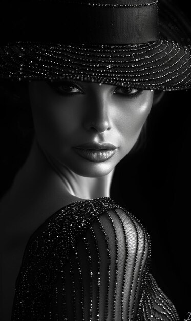 Schönes, modisches, stilvolles, junges Mädchen mit Hut, Model-Auftritt und Fotoshooting, dunkel-schwarzer Stil, helles Make-up.
