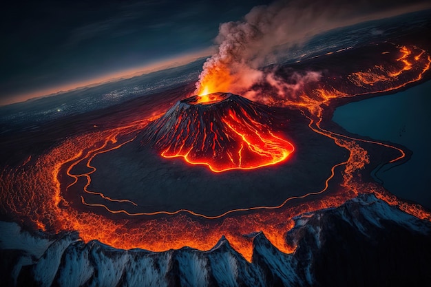 Schönes nächtliches Luftbild des aktiven Vulkans Islands mit roter Lava