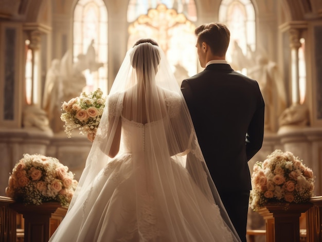 Schönes Paar bei seiner Hochzeit in einer Kirche mit warmem Licht