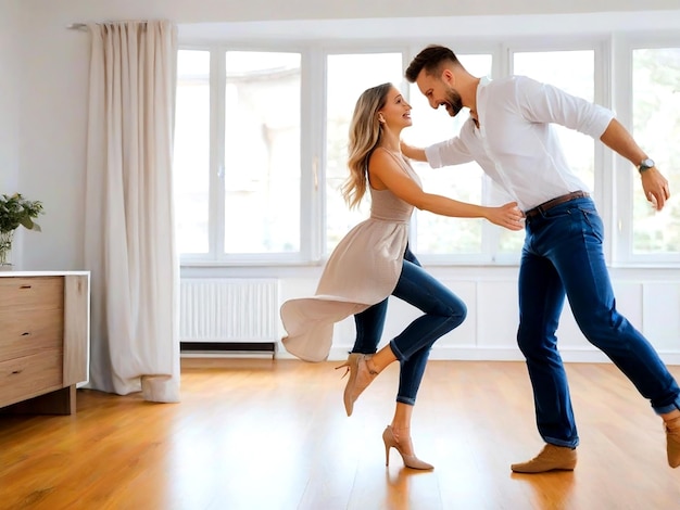 Schönes Paar, das zu Hause zusammen tanzt AI_Generated