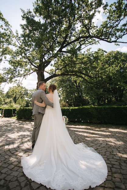 Schönes Paar des Bräutigams und der Braut am Hochzeitstag, die draußen gehen. Attraktive junge Braut mit