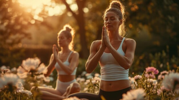 Foto schönes paar macht yoga im sommergarten