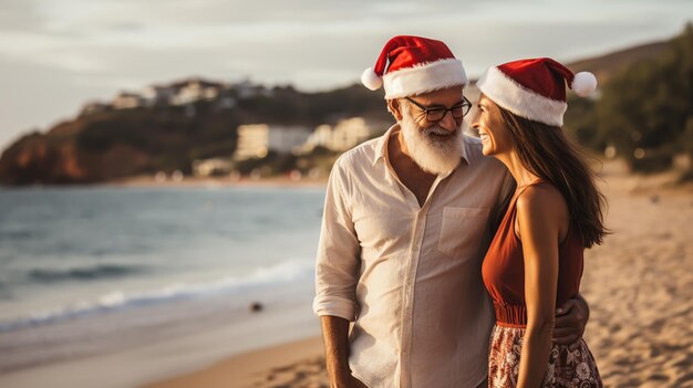 Schönes Paar mit Weihnachtsmannshüten zusammen am Strand, Rückblick auf den Weihnachtenurlaub