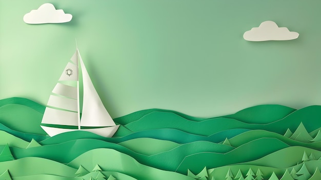 Schönes Papierschiff, das auf einem grünen Papiersee inmitten von Hügeln und Wolken schwimmt