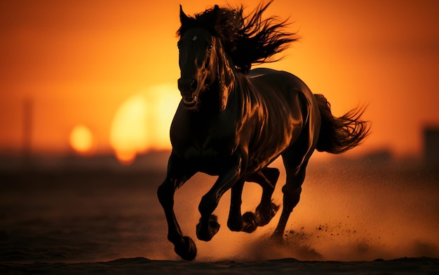 Schönes Pferd galloppiert auf der Wiese bei Sonnenuntergang