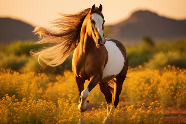 Schönes Pferd mit Mähne steht auf dem Feld Generative KI