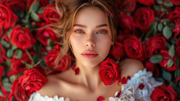 schönes Porträt attraktives Mädchen mit hübschen Augen mit Blumen Rosen um
