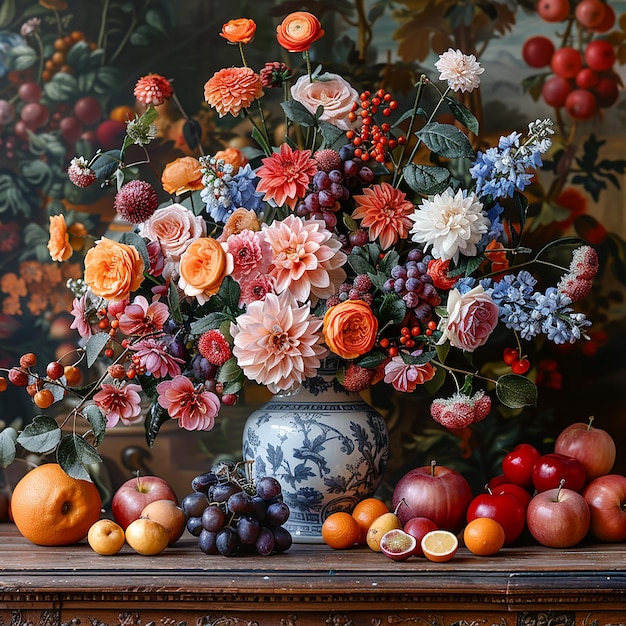 Foto schönes, reichhaltiges stillleben mit früchten und blumen