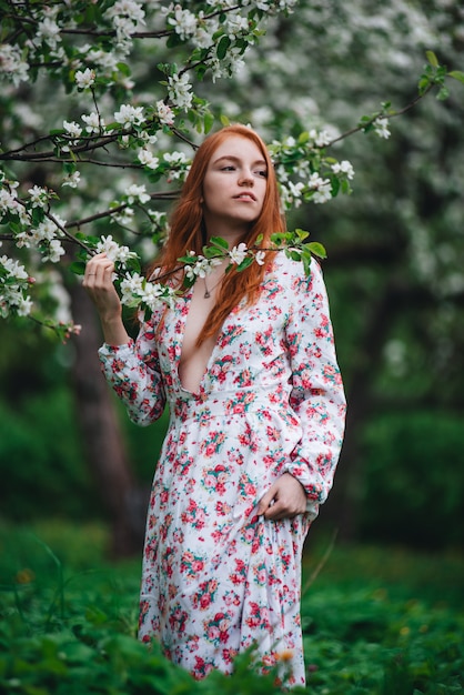 Schönes rothaariges Mädchen in einem weißen Kleid unter blühenden Apfelbäumen im Garten