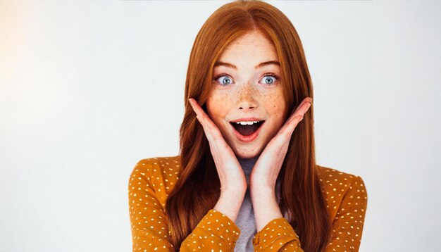 Schönes rothaariges Mädchen mit Freckles überrascht auf weißem Hintergrund