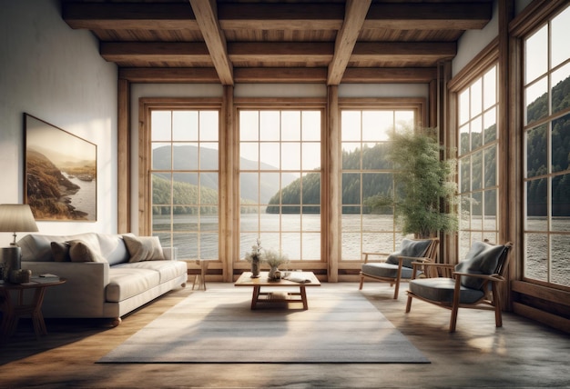 Schönes rustikales Ferienhaus mit Holzwänden und -decken, großem Fenster mit Blick auf den See und den Wald