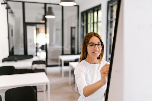 Schönes Schreiben der jungen Frau auf Flipchart.