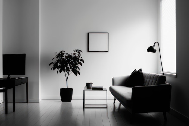 Schönes Schwarz-Weiß-Wohnzimmer mit blauen Möbeln