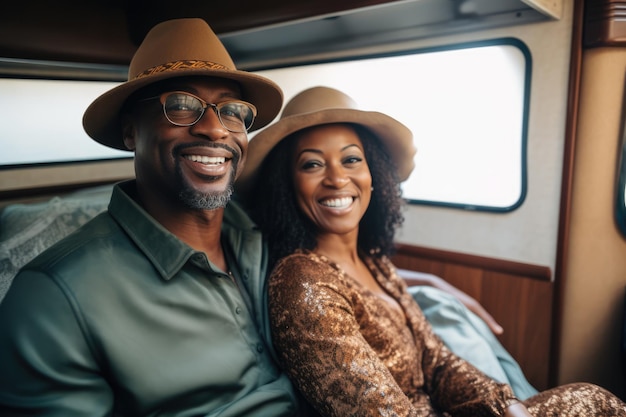 Schönes schwarzes afroamerikanisches Paar im mittleren Alter fährt ein Auto und genießt das Leben Geistesgesundheit Arbeitsleben Gleichgewicht glückliches Konzept des mittleren Lebens KI Generierte Inhalte