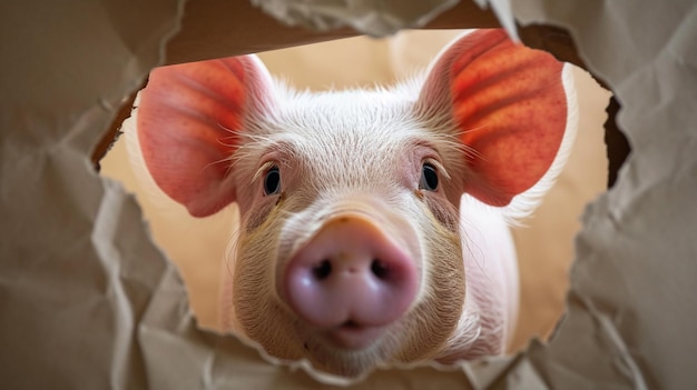 Schönes Schwein schaut in Papier Seite zerrissenes Loch isoliert Generative Ai