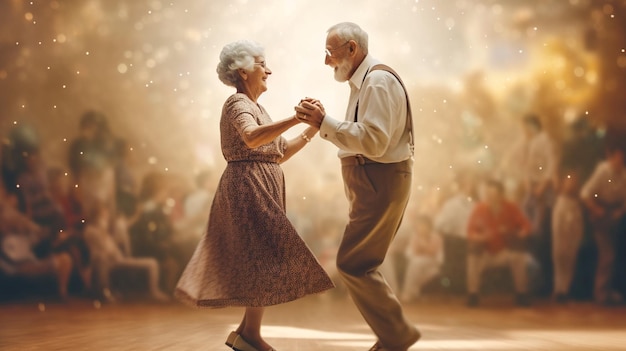 Schönes Senior-Paar tanzt und lächelt KI-generiert