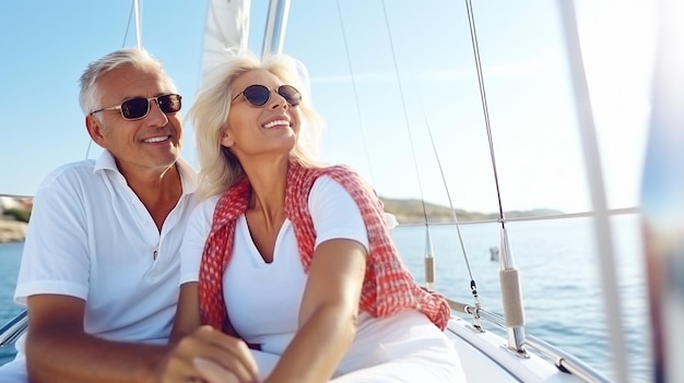 Schönes Seniorenpaar segelt an einem sonnigen Sommertag auf einer Yacht