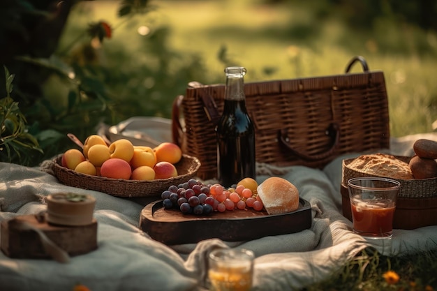 Schönes Sommerpicknick mit Früchten und Wein AI generiert